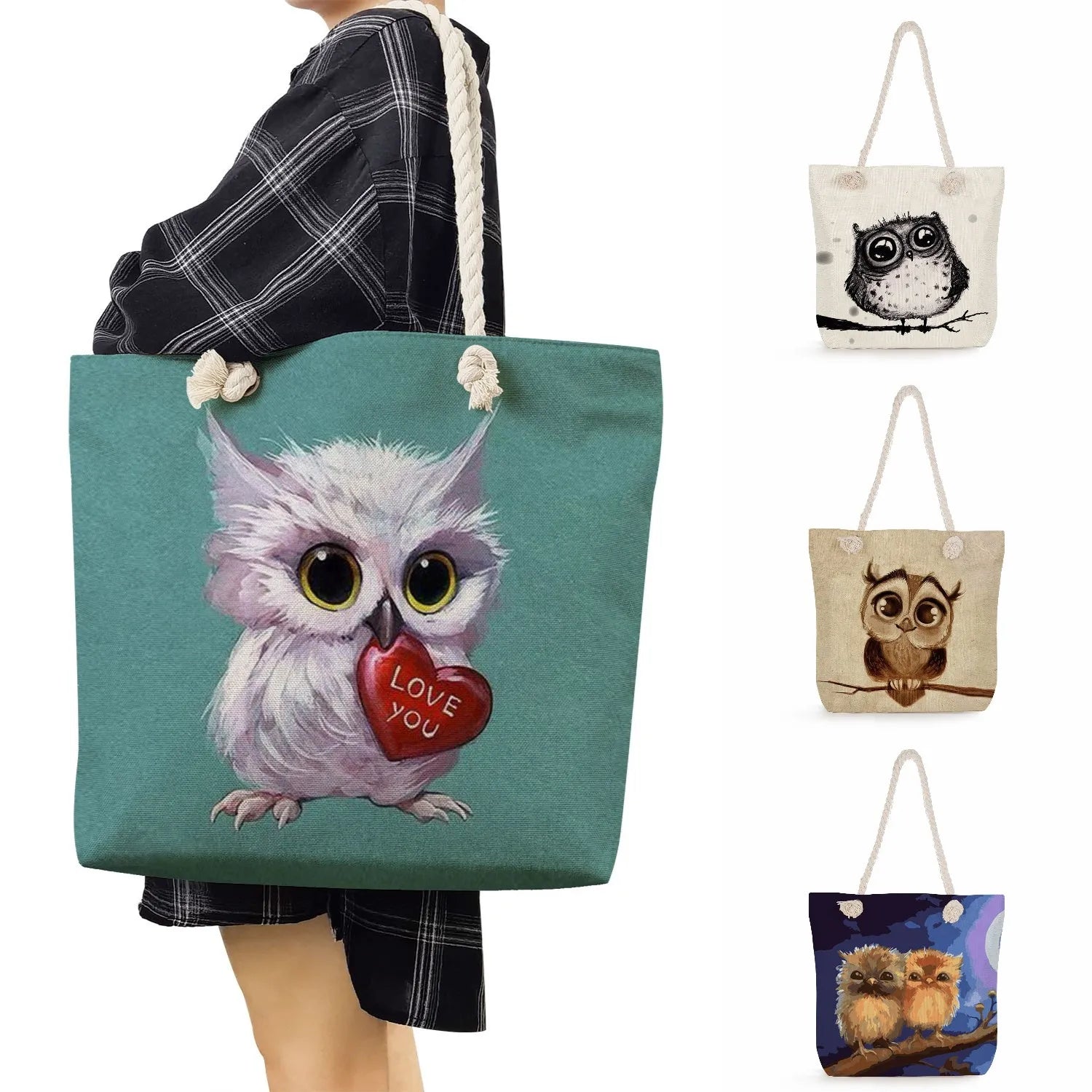 Owl Print Handbags Casual Cartoon Birds Lady Big Capacity Reusable Shopping Bags