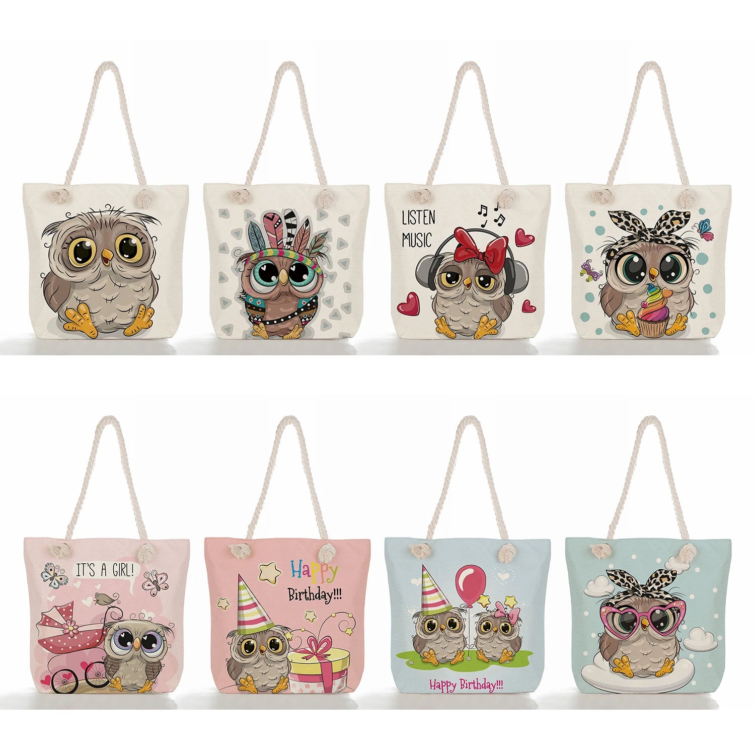 Owl Print Handbags Cotton Rope Beach Bags