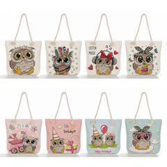Owl Print Handbags Cotton Rope Beach Bags
