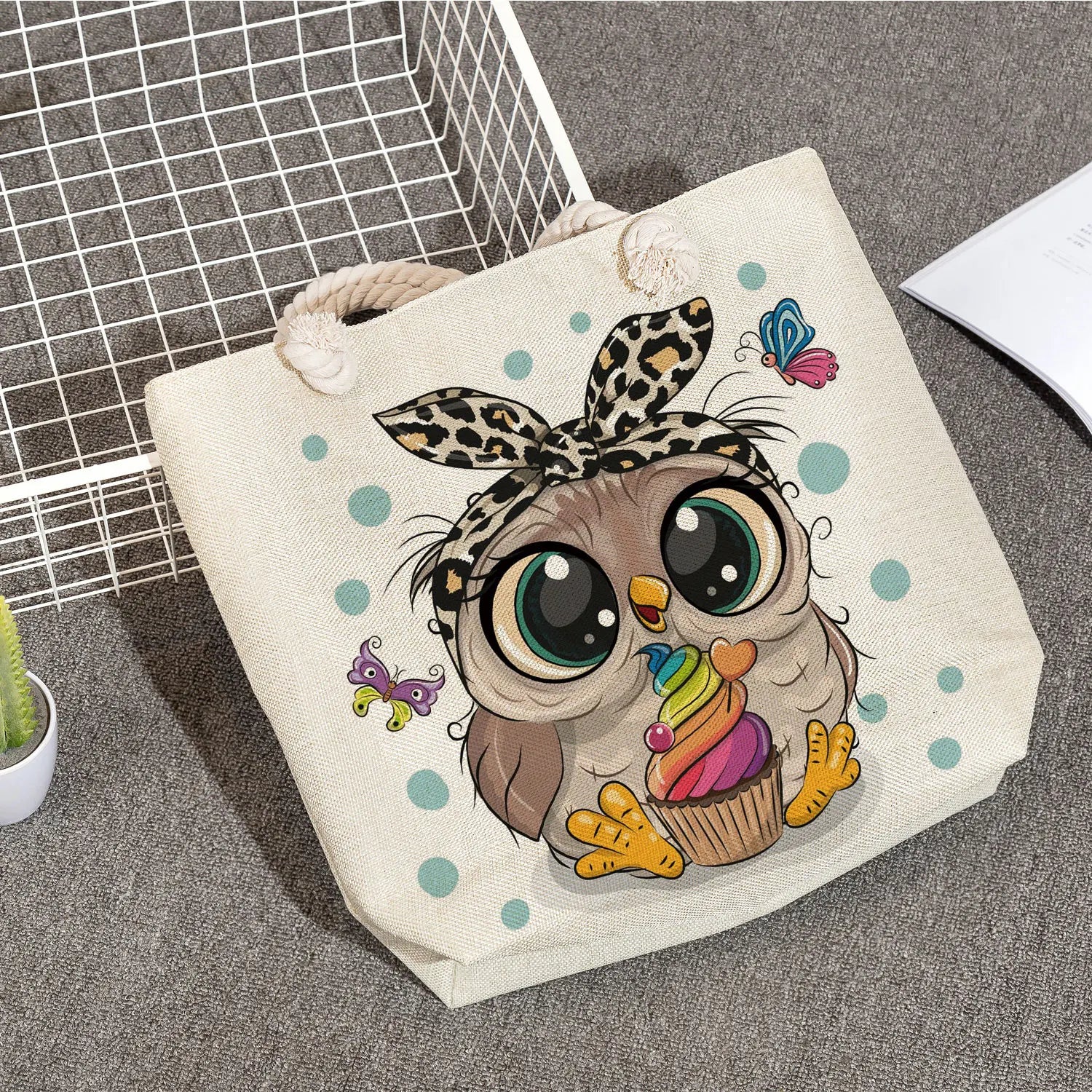 Owl Print Handbags Cotton Rope Beach Bags
