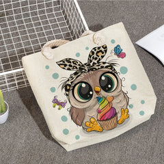 Owl Print Handbags Cotton Rope Beach Bags