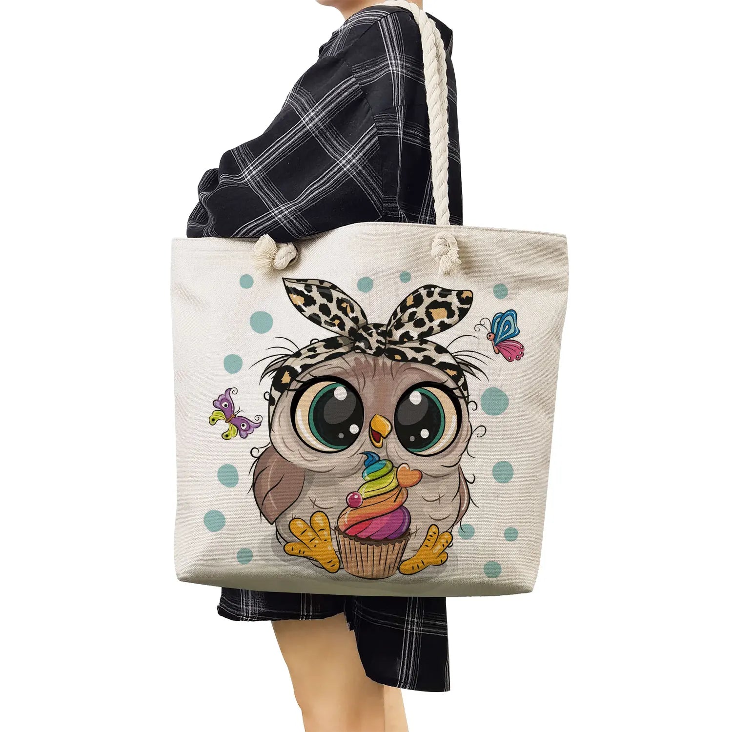 Owl Print Handbags Cotton Rope Beach Bags