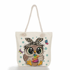 Owl Print Handbags Cotton Rope Beach Bags