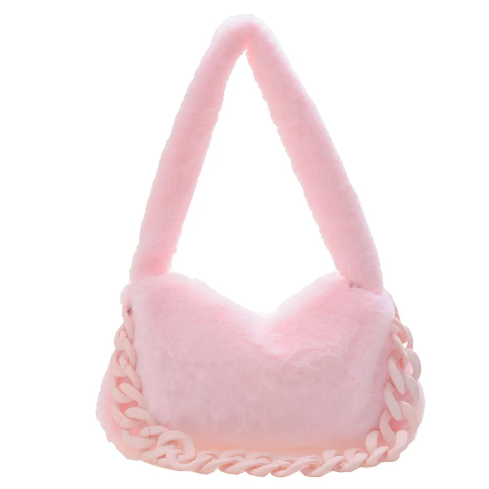 Pink Plush Soft Handbag Women's Bag Winter Chain Bags For Ladies Faux Fur
