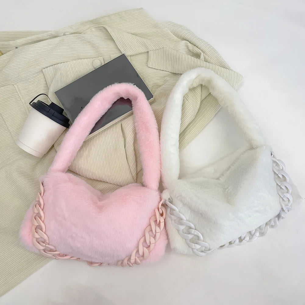 Pink Plush Soft Handbag Women's Bag Winter Chain Bags For Ladies Faux Fur