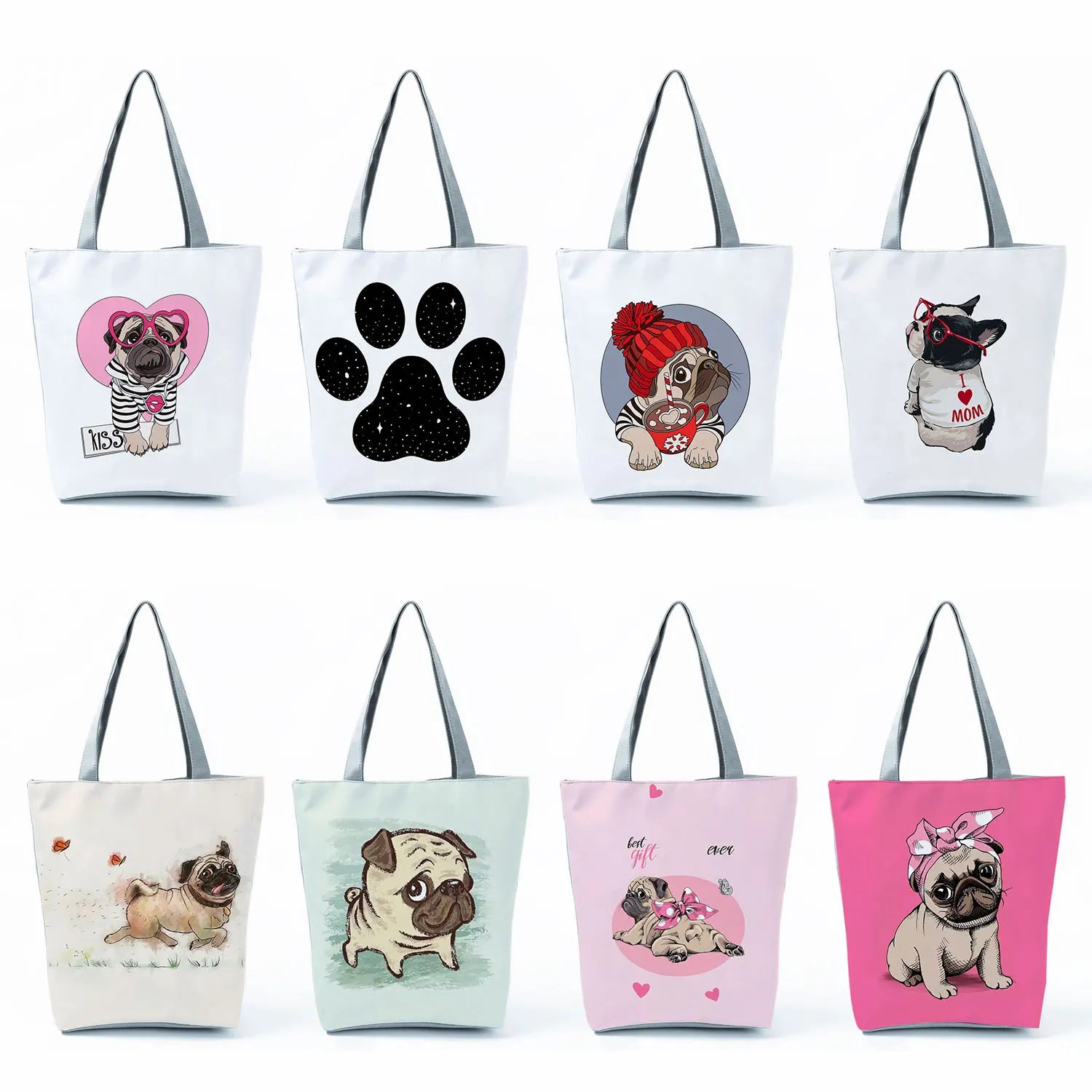 Funny Pug Handbag Print Women Shoulder Bag Casual Paw Tote Travel Portable