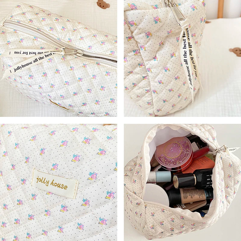 Quilted Cosmetic Bag Floral Makeup Organizer Zipper Beauty Case Women Travel