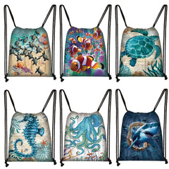 Sea Animal Turtle Octopus Shark Backpack Women Canvas Shoulder Bags