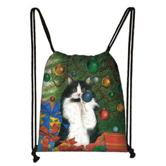 Cat Print Drawstring Bag Girls Women's Travel Storage Foldable Shopping