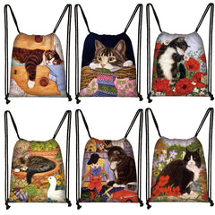Cat Print Drawstring Bag Girls Women's Travel Storage Foldable Shopping