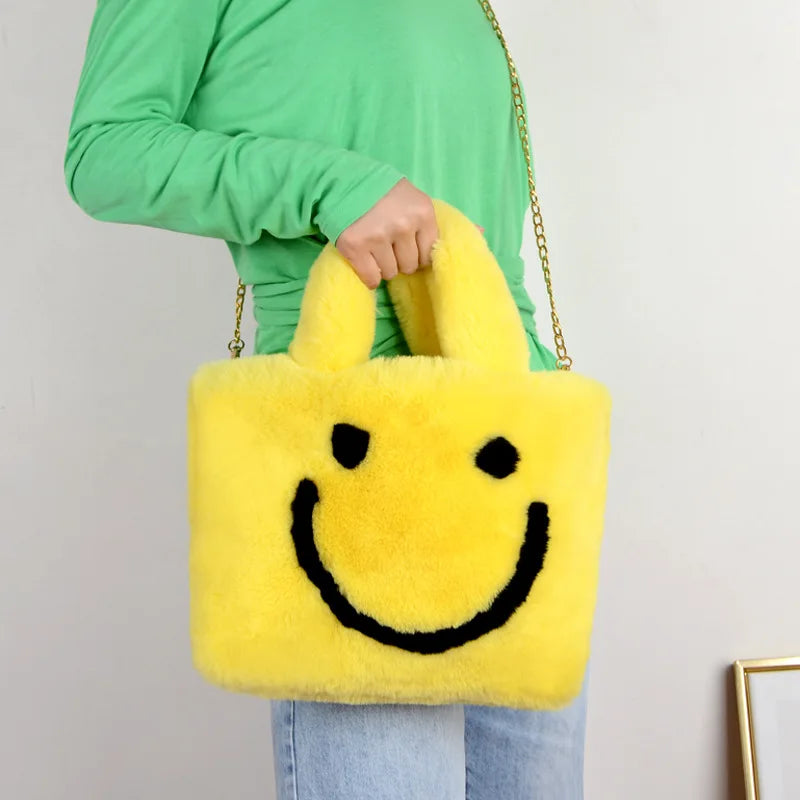 Smiley Face Women Plush Shoulder Bag Soft Faux Fur Ladies Chain Messenger Bags