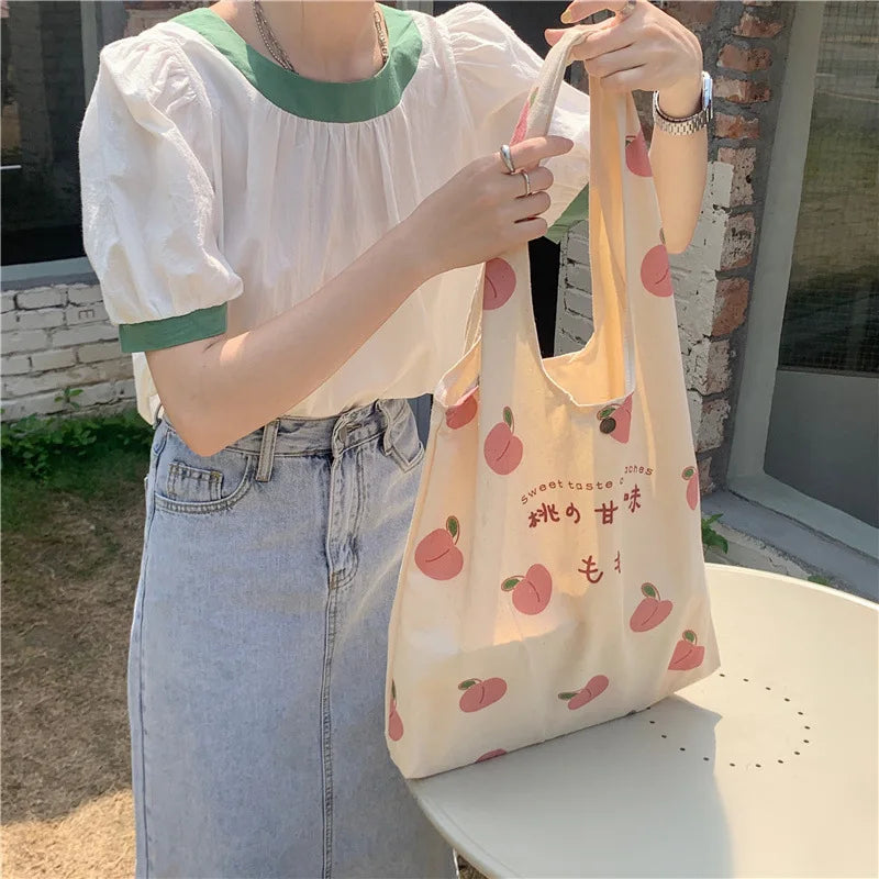 Strawberry Tote Bag Peach Print Eco Shoulder Bags