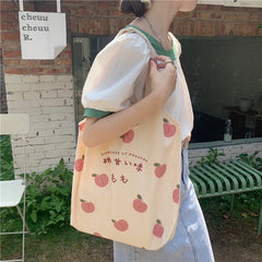 Strawberry Tote Bag Peach Print Eco Shoulder Bags