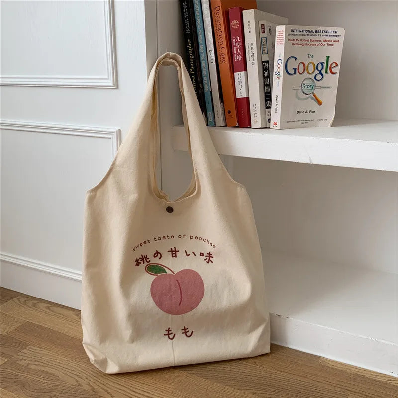 Strawberry Tote Bag Peach Print Eco Shoulder Bags