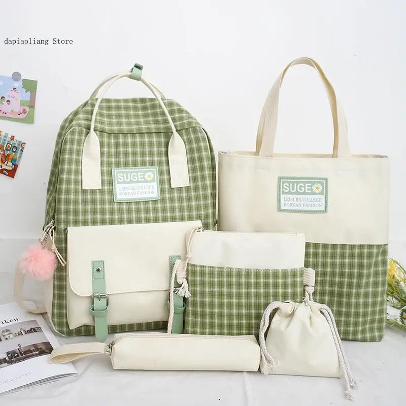 Girls School Bag Set, Canvas Backpack Book Bag, 5 Pcs Kids Shoulder Bag
