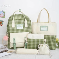 Girls School Bag Set, Canvas Backpack Book Bag, 5 Pcs Kids Shoulder Bag