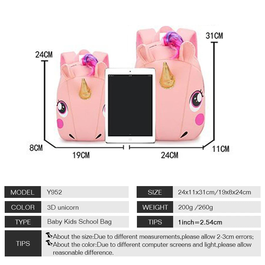 Unicorn Toddler School Bag for Kids Anti-lost Kindergarten Cartoon 3D Unicorn