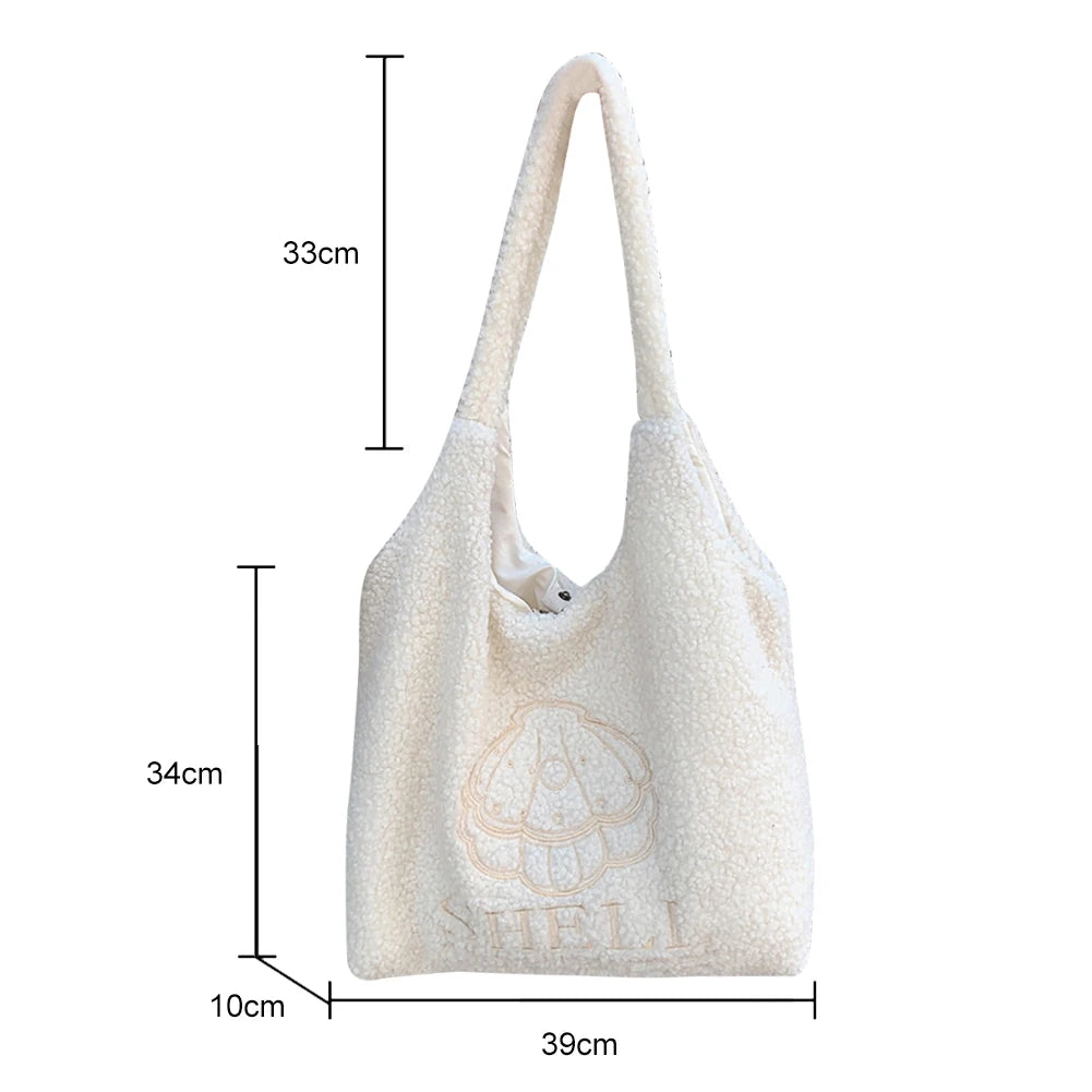 Winter Fleece Plush Shoulder Bag - Girls Cartoon Embroidery Tote Bag