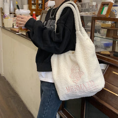 Winter Plush Shoulder Bag Girls Cartoon Embroidery Tote Bag