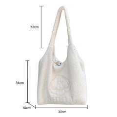 Winter Plush Shoulder Bag Girls Cartoon Embroidery Tote Bag
