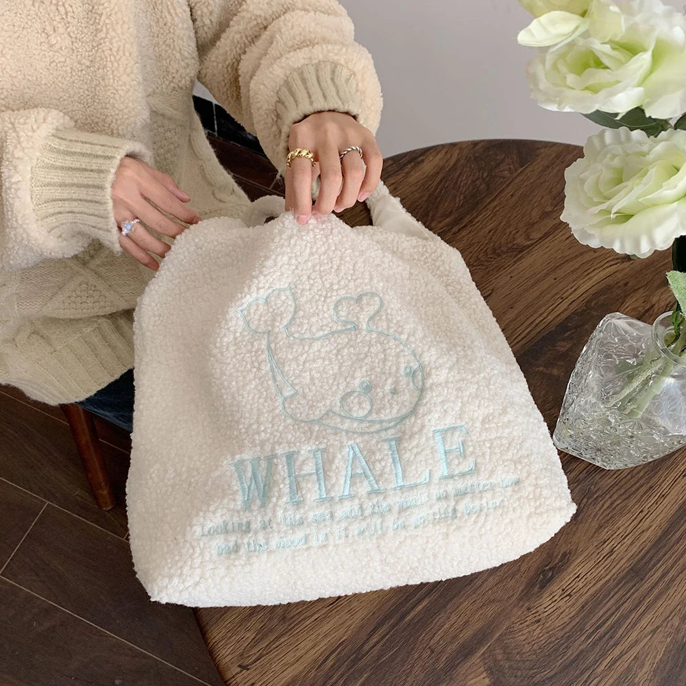 Winter Plush Shoulder Bag Girls Cartoon Embroidery Tote Bag