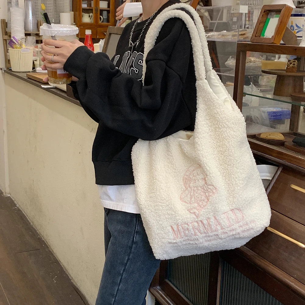 Winter Fleece Plush Shoulder Bag - Girls Cartoon Embroidery Tote Bag