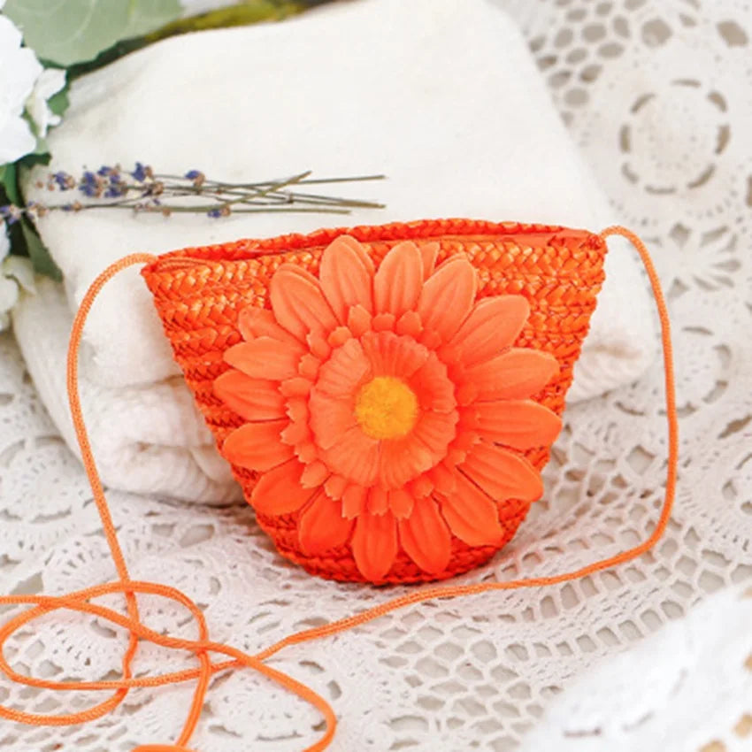 Japanese Flower Straw Bag Mini Messenger Woven Bag Shoulder Women's Purse