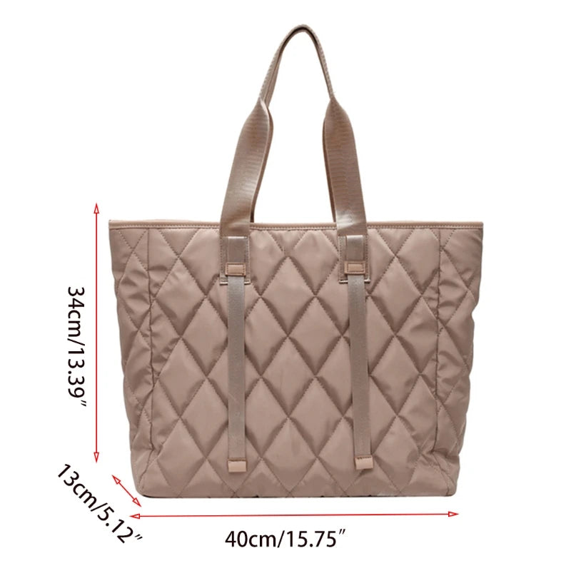 D0LF Women Large Capacity Nylon Tote Bag Quilted Solid Work Shoulder Handbag