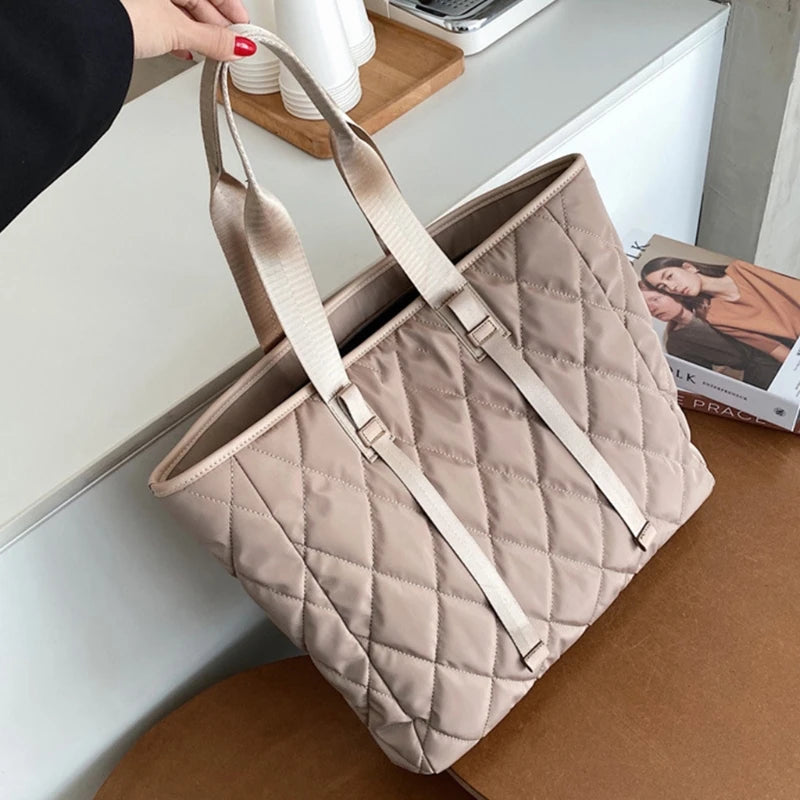 D0LF Women Large Capacity Nylon Tote Bag Quilted Solid Work Shoulder Handbag