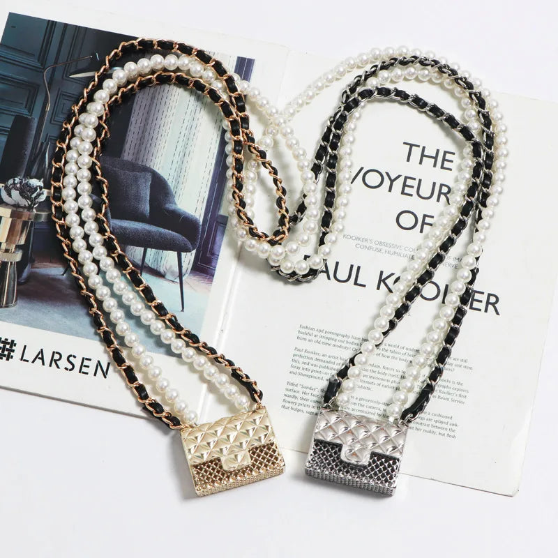 Metal Rhombic Crossbody Bag with Pearl Chain