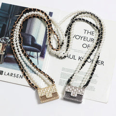 Metal Rhombic Crossbody Bag with Pearl Chain