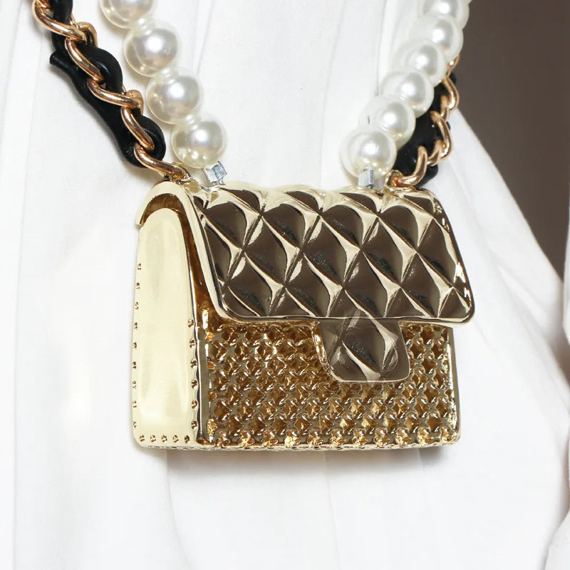 Metal Rhombic Crossbody Bag with Pearl Chain