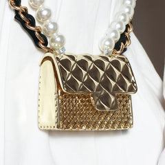 Metal Rhombic Crossbody Bag with Pearl Chain