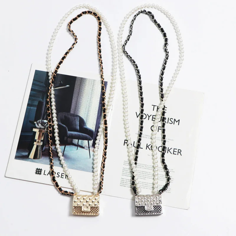 Metal Rhombic Crossbody Bag with Pearl Chain