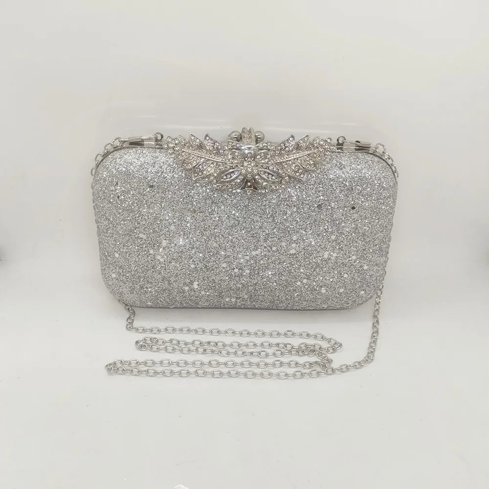 Silver Wedding Clutch Bag Diamond Flower Lock Shoulder Bag