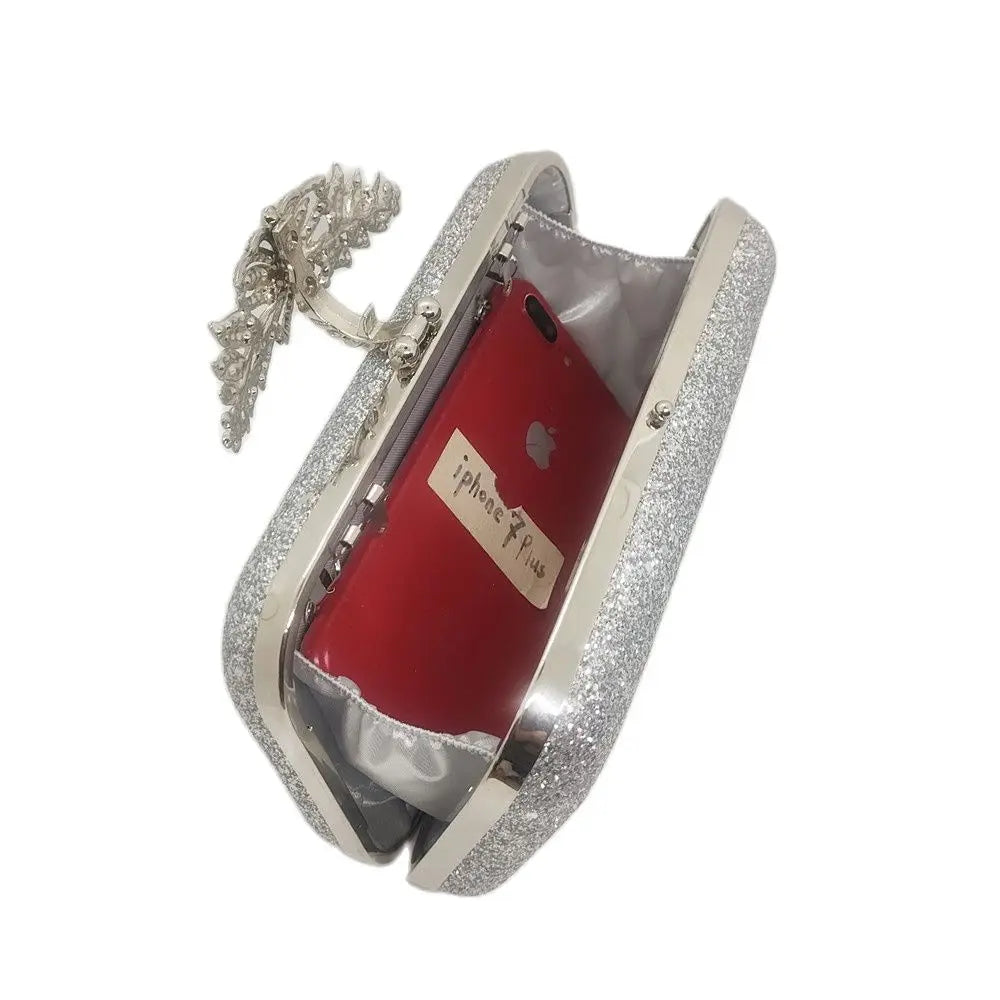 Silver Wedding Clutch Bag Diamond Flower Lock Shoulder Bag
