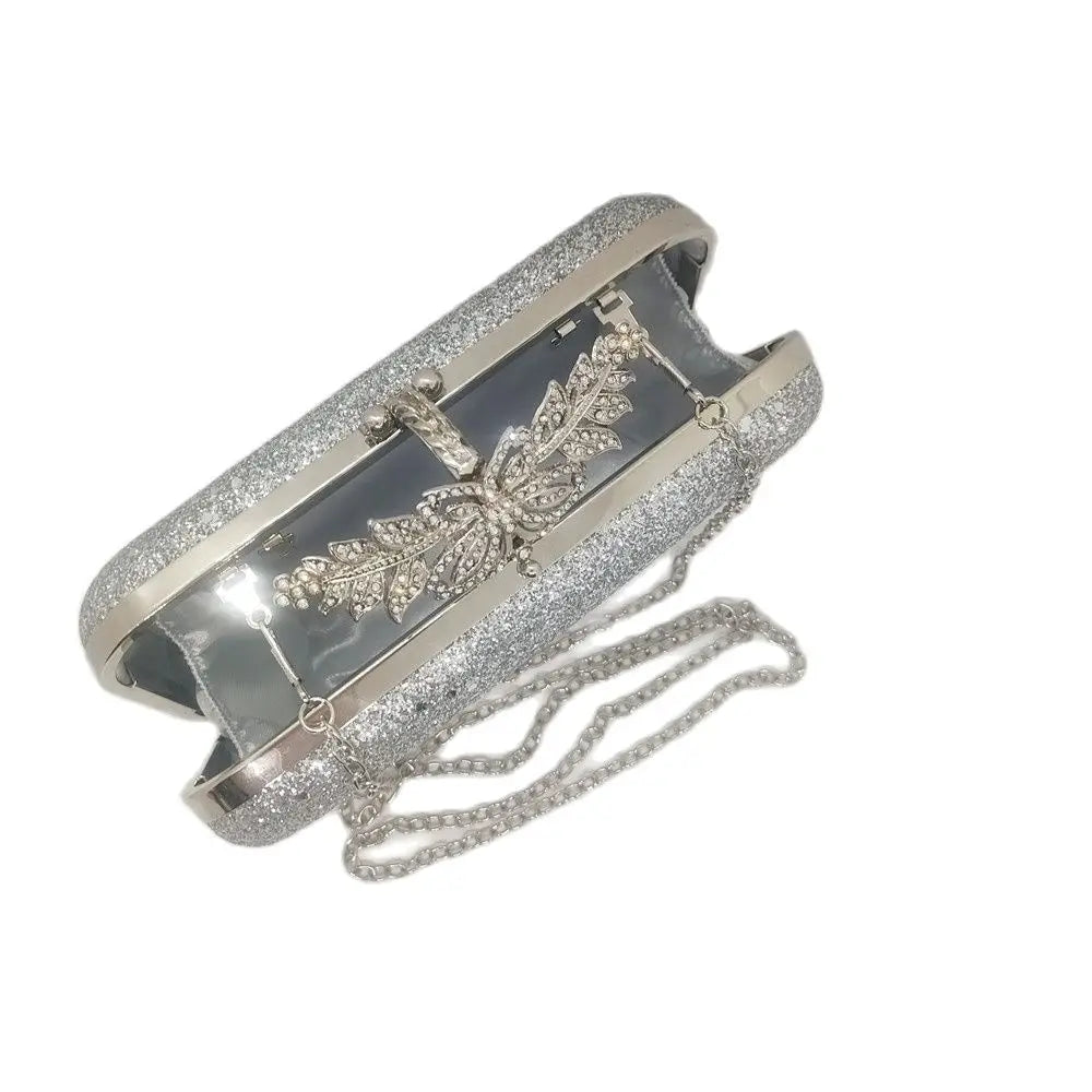 Silver Wedding Clutch Bag Diamond Flower Lock Shoulder Bag