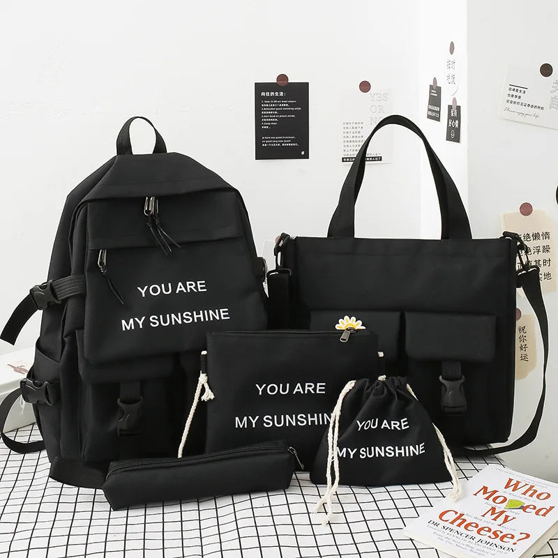 DIGERUI 5-Piece Set Schoolbags for Girls Women Canvas Travel Backpack