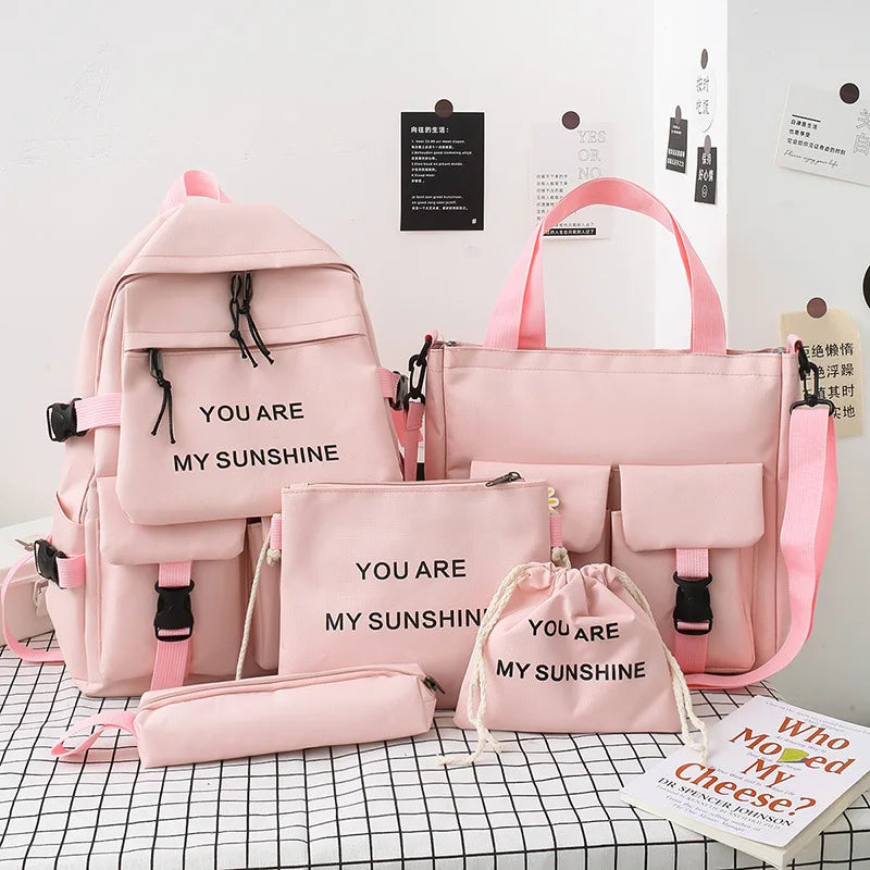 DIGERUI 5-Piece Set Schoolbags for Girls Women Canvas Travel Backpack
