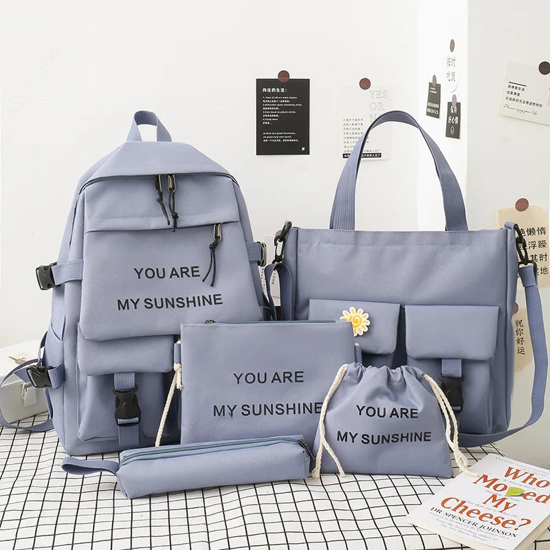 DIGERUI 5-Piece Set Schoolbags for Girls Women Canvas Travel Backpack