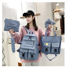 DIGERUI 5-Piece Set Schoolbags for Girls Women Canvas Travel Backpack