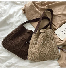 Female Woolen Knitted Braid Handbag Crochet Winter Shoulder Bag