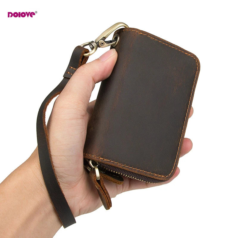 Vintage Leather Key Wallet Women Keychain Copper Zipper Key Bag