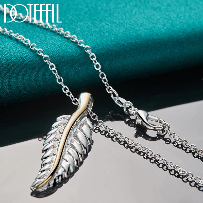 925 Silver Leaves Feather Necklace 18 Inch Chain Women Wedding Engagement Charm