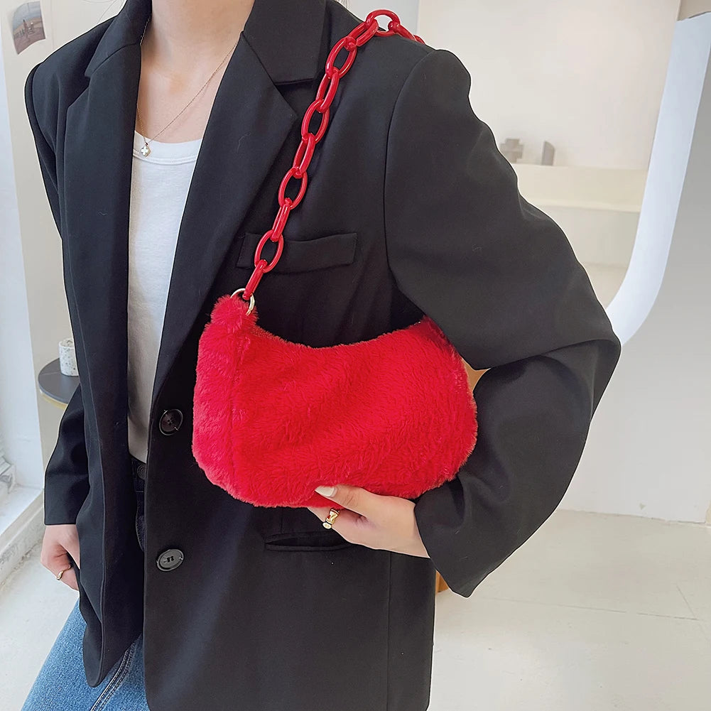 Small Ladies Plush Shoulder Bag with Zipper