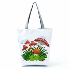 Colorful Mushroom Print Book Bag for Girls - ECO Friendly Linen Handbag