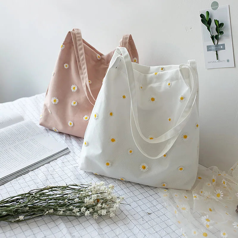 Daisy Floral Canvas Women Handbag Lace Embroidery Tote Shoulder Bag