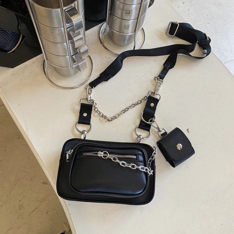 Dark Gothic Mini Square Bag Women Street Chains Chest Bags