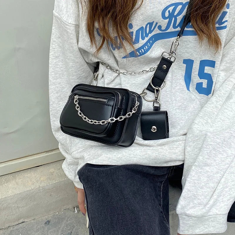Dark Gothic Mini Square Bag Women Street Chains Chest Bags