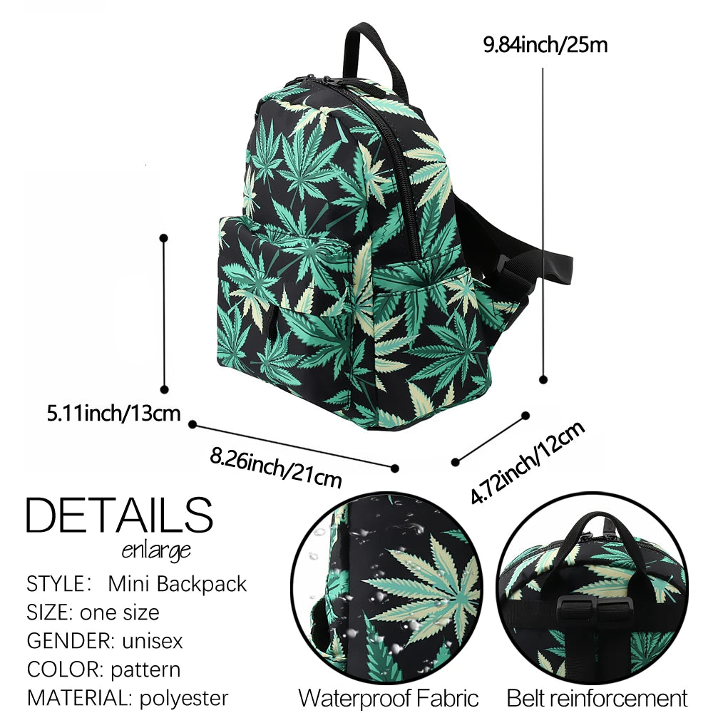 Green Hemp Mini Backpack for Women - Waterproof 3D Printed Backpack